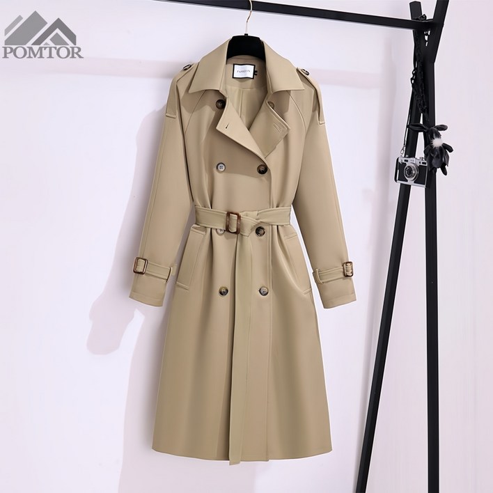 POMTOR 여성 봄가을겨울 오버핏 빅사이즈  간절기 더블 롱  트렌치코트