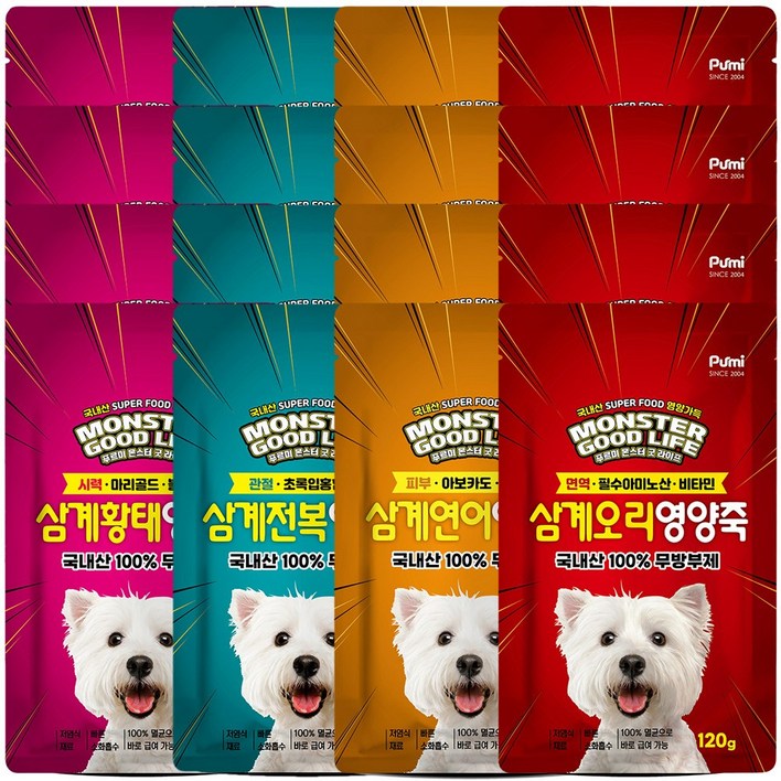 푸르미 몬스터 굿라이프 삼계영양죽 강아지간식 120g, 4종 콤보, 16개입, 35g, 황태4개 전복4개 오리4개 연어4개