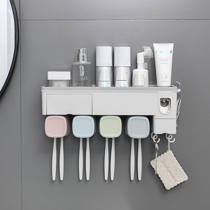 레디박스 간편부착 다용도 멀티 치약 칫솔걸이 4구 컵, 그레이, 1개