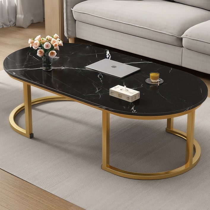 YAPOGI 가정용 대리석 무늬 우드 모조 세라믹 거실 테이블 수동 설치, 블랙