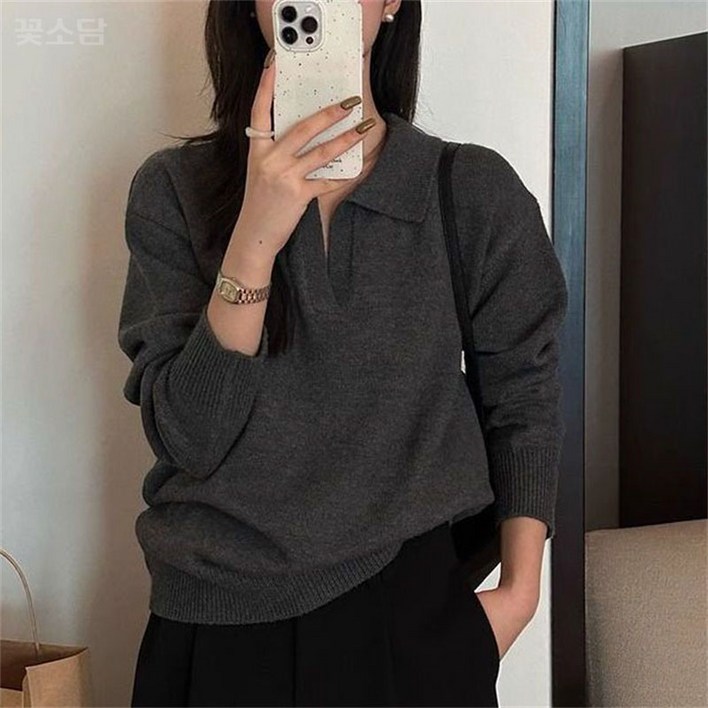 꽃소담 여성 캐쥬얼 베이직 카라 니트 티셔츠 여성 봄 가을 간절기 루즈핏 긴팔 니트