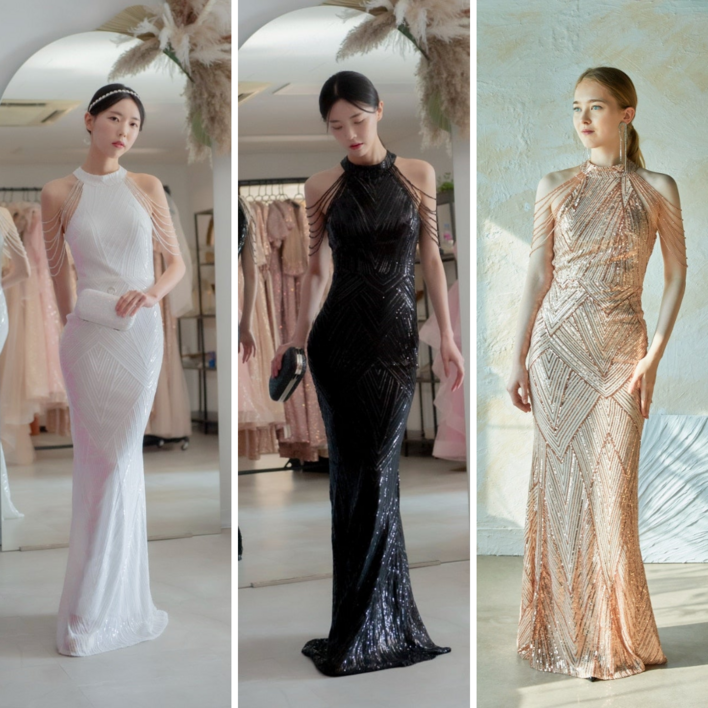 홀터넥 어깨 체인 포인트 드레스