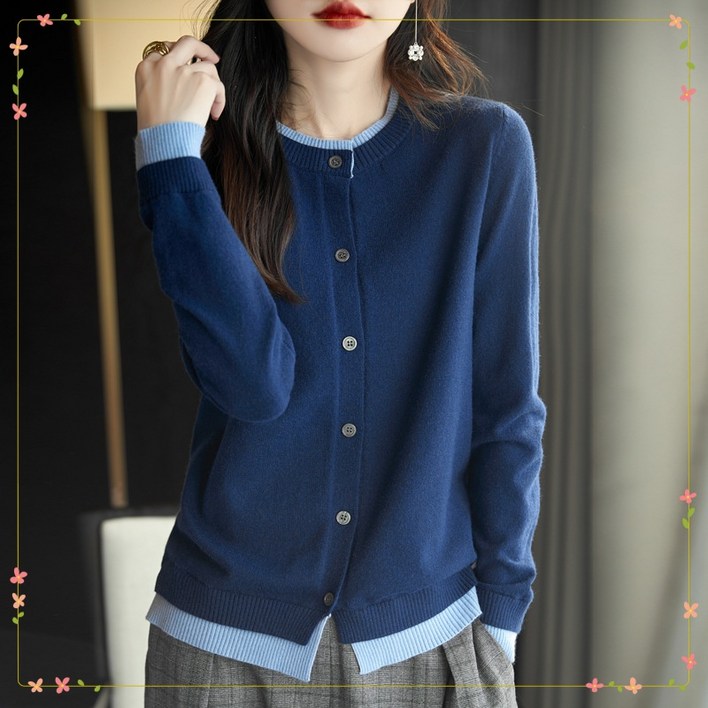 라부라카 예쁜 레이어드 배색 여성 니트 가디건 가을 겨울  라운드 가디건 빨간 가디건 간절기 30대 여성 의류