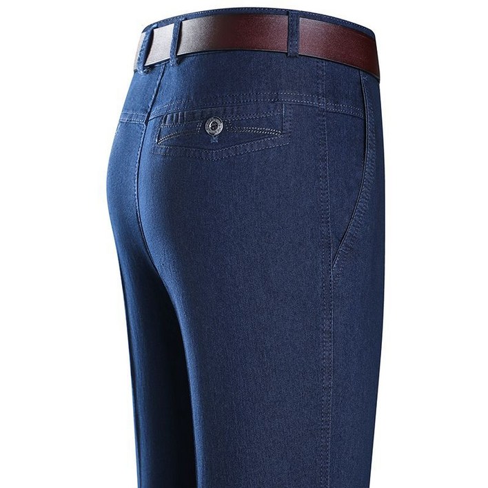 중년 남성 데님 팬츠 캐주얼 봄 여름 하이웨이스트 얇은 청바지 루즈핏 오피스룩 통기 일자 데님 팬츠 WGYZZF