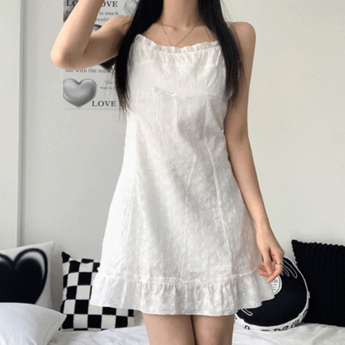 요정룩1col 크리미 여리핏 펀칭 리본 레이스 나시 미니 원피스