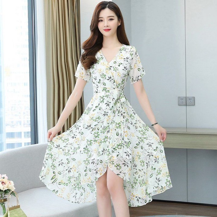 여성 플라워 나염 롱원피스 브이넥 반팔 쉬폰 언발란스 랩스타일 여름 봄 여름 화이트 여성 플라워 나염 롱원피스 브이넥 반팔 쉬폰 언발란스 랩스타일 여름 봄 여름 화이트
