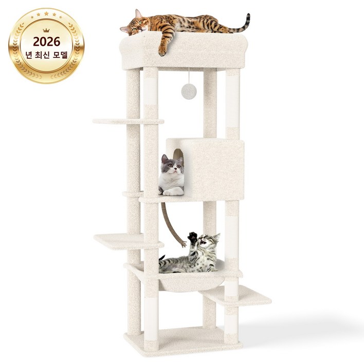 2026 업그레이드 고양이 타워 해먹 캣하우스 대형 고양이용 스크래처 다묘 가족용 캣타워 세련되고 귀여운 디자인 높은 안정성 운동 부족 해소 높이 약 150cm 한국어 설명서 포함, 흰색, 1개