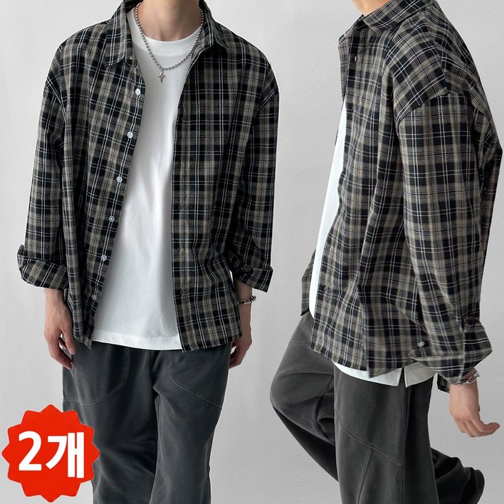 11두장묶음 빠델 선셋 사계절 커플 가을 봄 남녀공용 체크 남방 오버핏 셔츠