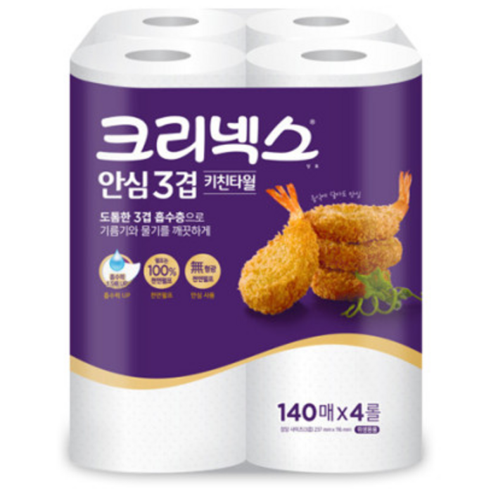 크리넥스 안심 키친타올 3겹 140매 4롤, 4개입, 1개