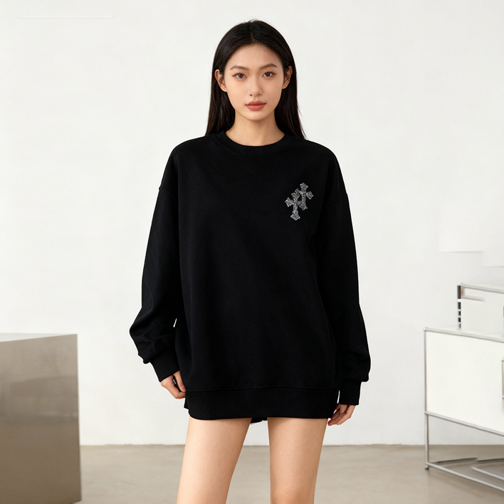 여성 맨투맨 추동 커플룩 긴팔티 모던 자수 프린트