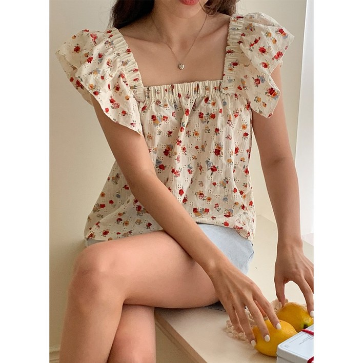 잔다르 잔꽃 프릴 펀칭 셔링 퍼프 스퀘어넥 오프숄더 밴딩 A라인 나시 블라우스 셔츠