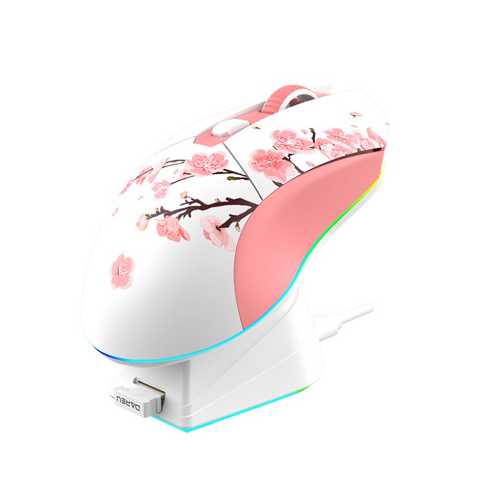 Dareu 듀얼 모드 게이머 마우스 RGB 2.4G 유선 게이밍 마우스 내장 무선 930mAh 충전 배터리와 PC 노트북용 매크로 세트, pink
