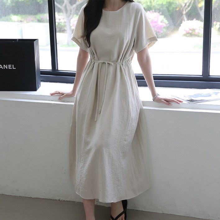제니트 여성 바스락 비스코스 린넨 허리 스트링 심플 루즈핏 라운드넥 여름 롱 원피스