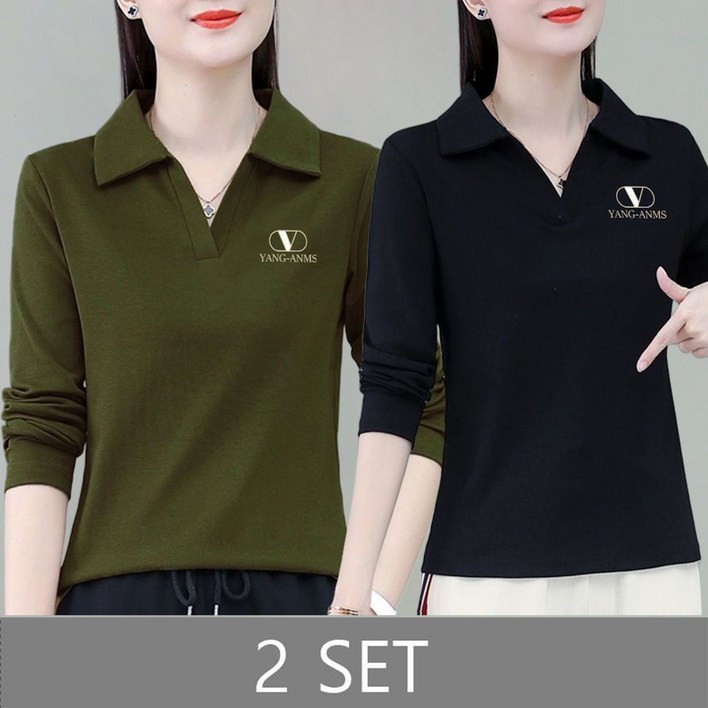 MOSAIRATION 112장묶음 여성 카라넥 베이직 긴팔 티셔츠 캐주얼 루즈핏 티셔츠 F00111915