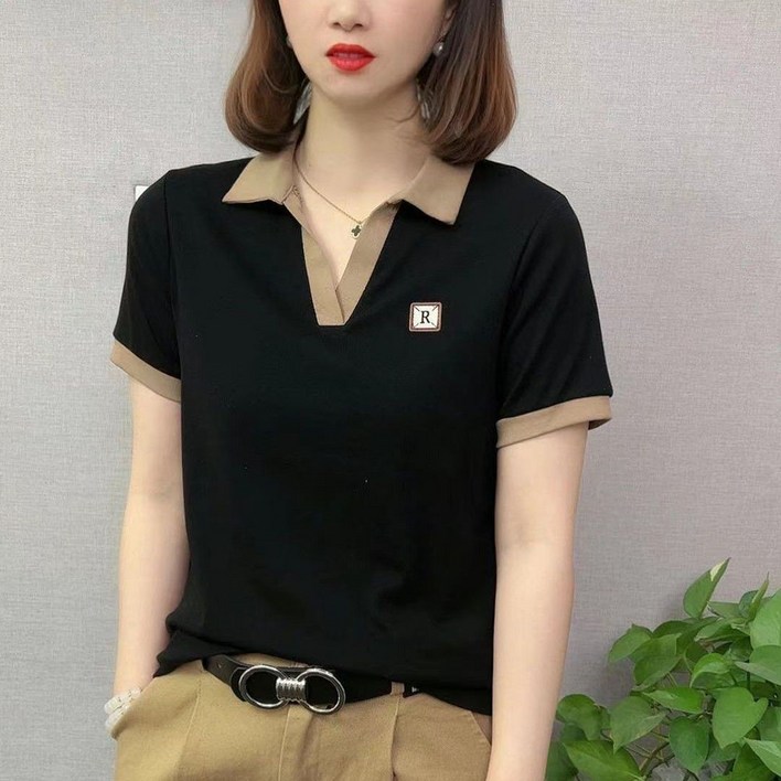ROYALBELLE 여성 카라넥 배색 반팔 티셔츠 루즈핏 세련된 컴포트 중년 여성 티셔츠 V030802