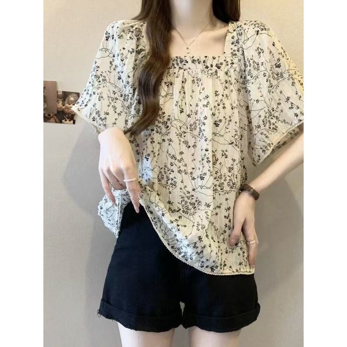 러블리유여성 여름 스퀘어넥 플라워 자수 블라우스