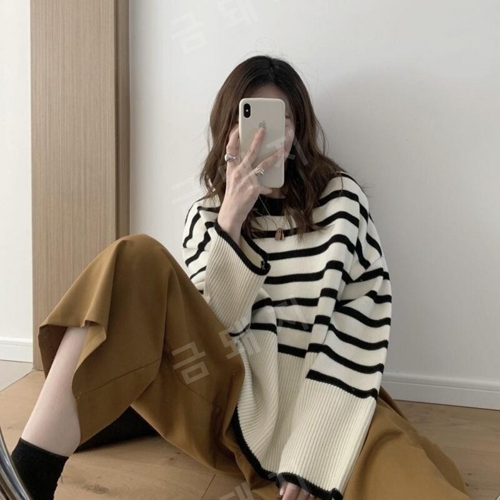 니트 스트라이프 풀오버 스웨터 여성 레트로 부드러운 느슨한