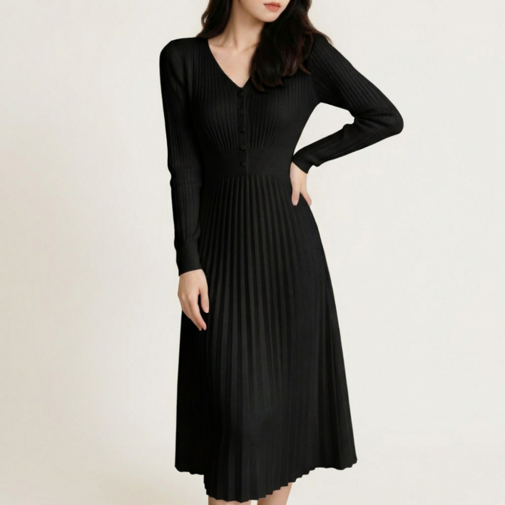 코코러비 여성 봄 V넥 니트 A라인 원피스 롱 체형커버 간절기 슬림핏