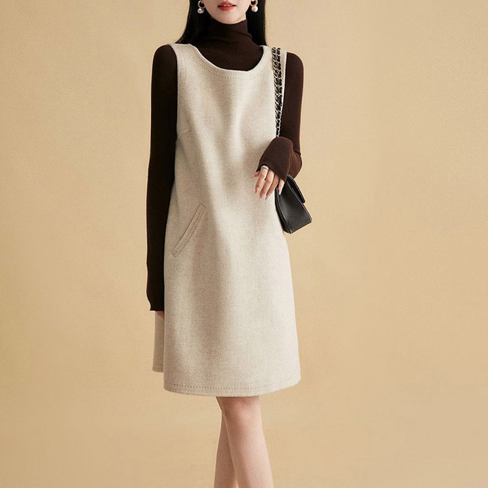 고급 가을 겨울 트위드 캐주얼 미디슬림핏 민소매 나시 모직 원피스