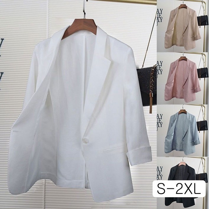 YLEMI 여름 얇은 칠부 린넨 정장 상의 여성 면 마 슬림 블레이저 레저 숏 자켓 YLEMI 여름 얇은 칠부 린넨 정장 상의 여성 면 마 슬림 블레이저 레저 숏 자켓