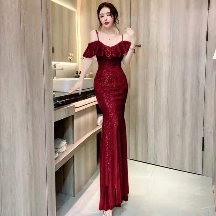 해피유통 여성용 이브닝 드레스 기품 파티 롱스팽글 허리 조임 원피스 BJJ001