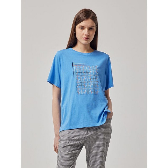 크로커다일레이디 블루 스퀘어 패턴 반팔 티셔츠 CLCMTS134