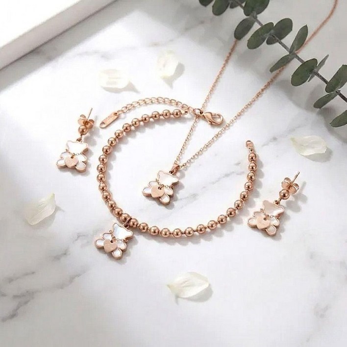 [프리미엄]써지컬 주얼리 3종세트 테디베어 목걸이 팔찌 귀걸이 로즈골드