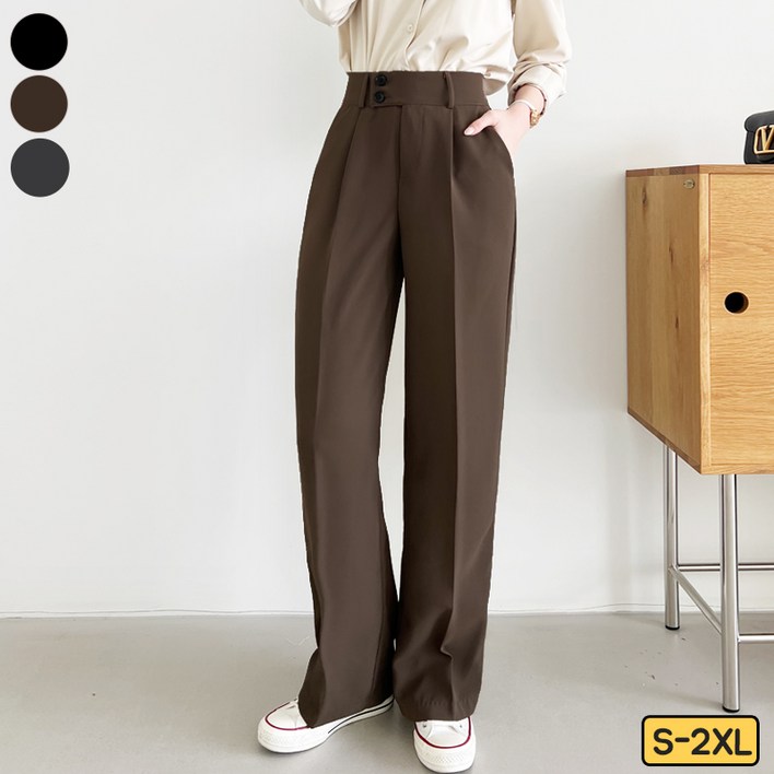 여리진 여성용 뒷밴딩 핀턱 일자 와이드 투버튼 슬랙스 팬츠 바지 빅사이즈까지