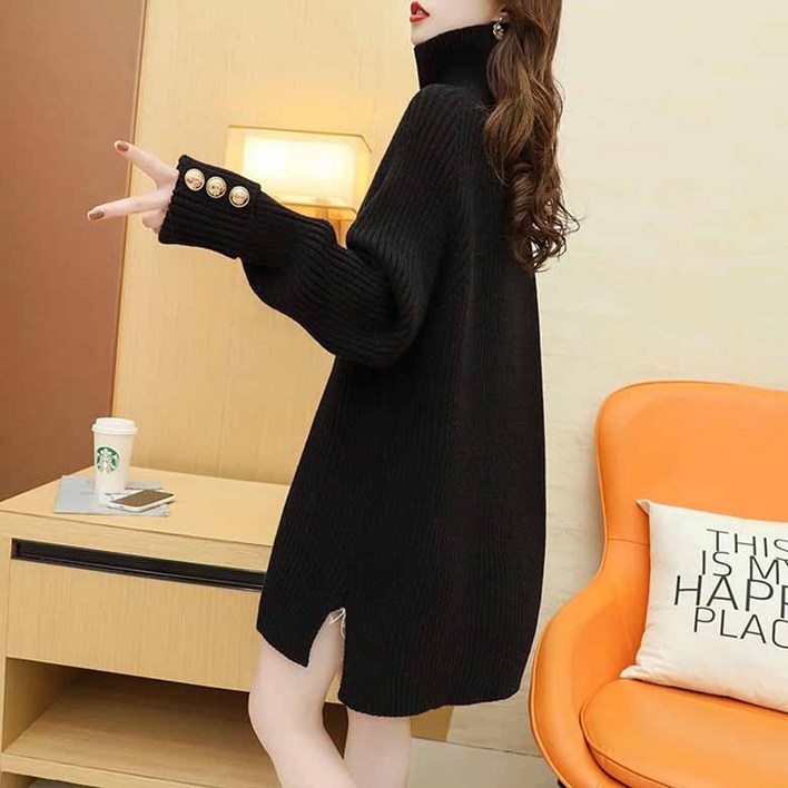 가을 겨울 터틀넥 니트  도톰한 이너 여성티셔츠 롱기장  니트 원피스  루즈핏  목티  오버핏따뜻한 스웨트  WAWAMIYA