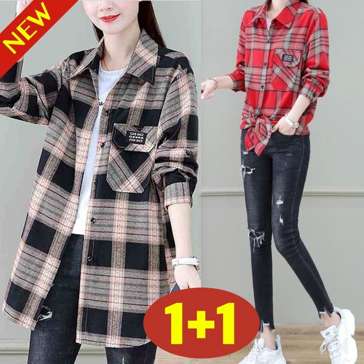 완전 편한 3XL까지 여성 카라 사계절 체크 무늬 긴팔 남방 블라우스 봄 가을 빅사이즈 추천 루즈핏 통기성 간절기 자켓 카디건 롱 셔츠 심플 빈티지 모던 코디 캐주얼 여자 셔츠