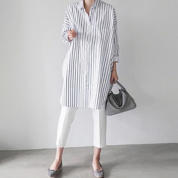 드마엘 오버핏 로블 카라 하프 간절기 롱 셔츠