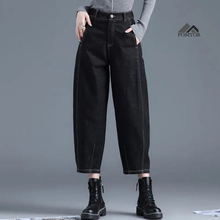 POMTOR 여성 편한 워싱 와이드 데님 팬츠 빅사이즈 배기 청바지