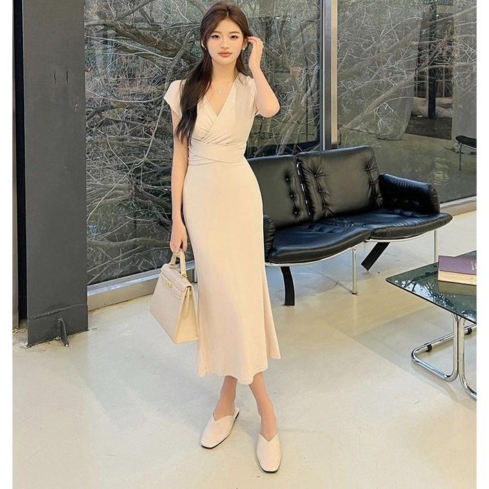 봄 가을 데일리 랩스타일 브이넥 캡소매 모달 골지 슬림핏 롱 원피스 베이지
