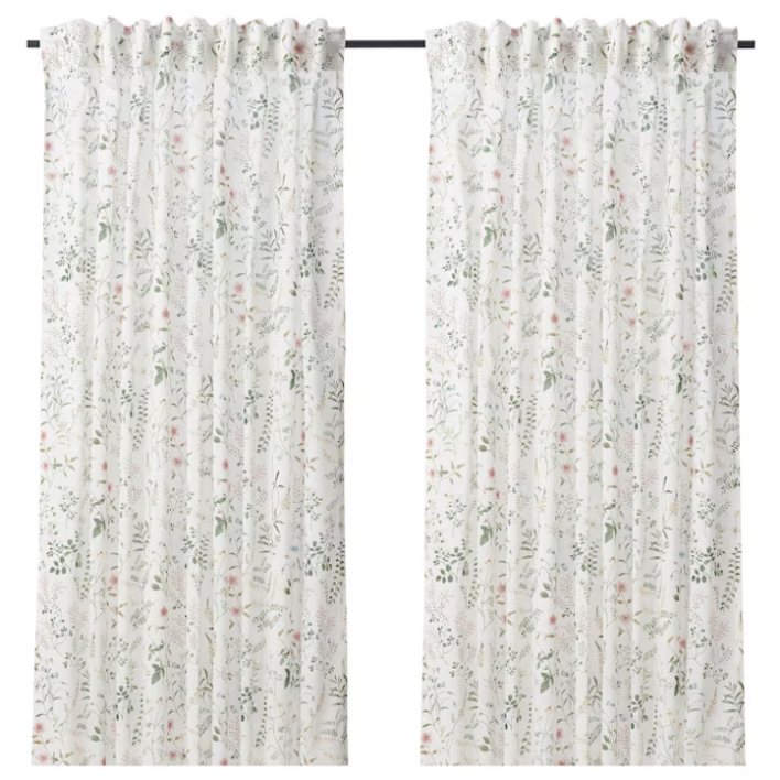 이케아 티미안스모트 커튼한쌍 화이트 플로럴 패턴 145x250cm 805.657.35
