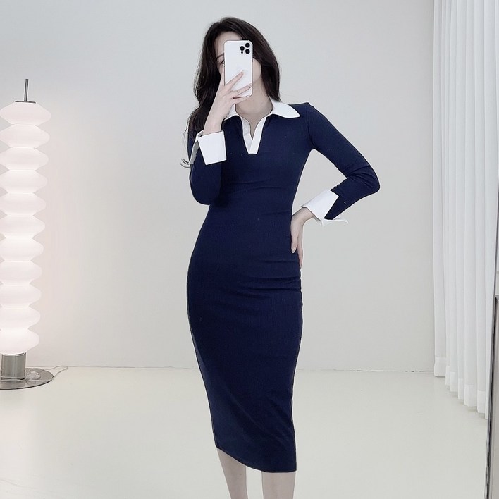 배색 카라 골지 미디 롱 원피스 (2color)