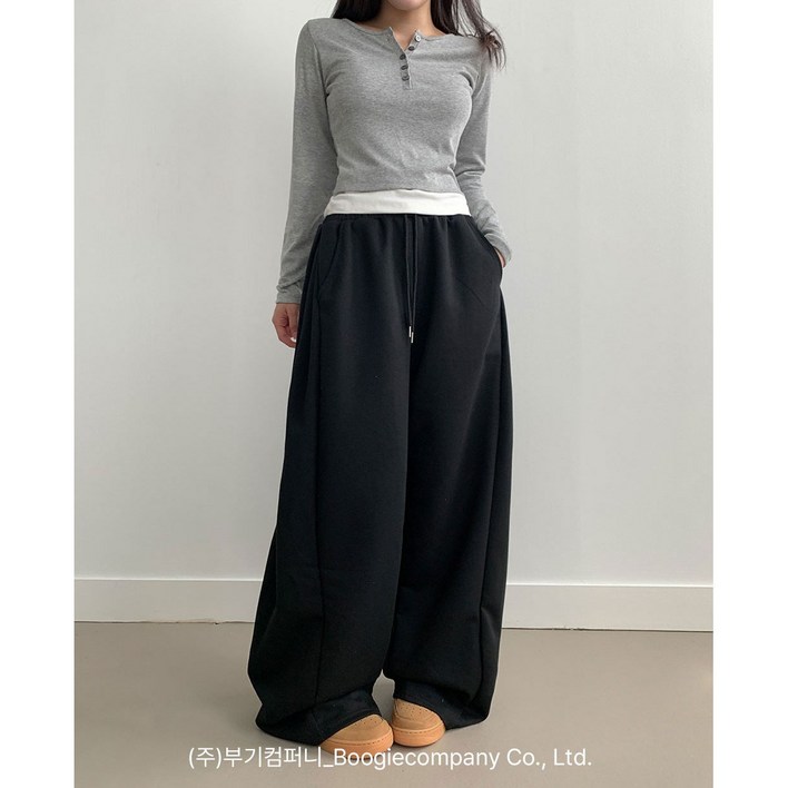 부기샵 군살커버 퍼트 사이드 폴링 핀턱 와이드 트레이닝 롱팬츠숏기장