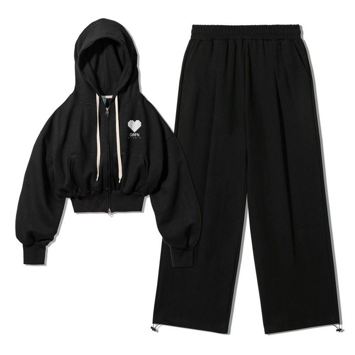 오버핏 특양면 기모 GRFN 크롭 후드 집업  원턱 스트링 트레이닝 팬츠 셋업 블랙