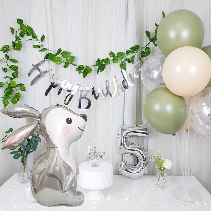 토끼풍선 강아지 고양이 칠순 고희연 조화 넝쿨 심플 생일파티세트, 가랜드(실버)+숫자8(실버)