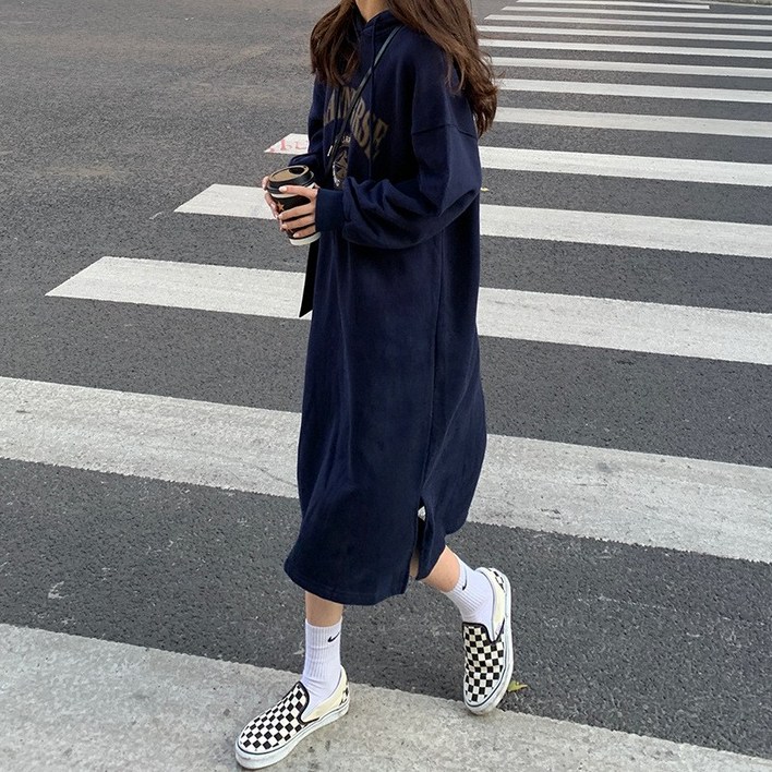 캐주얼 후드 긴팔 원피스 여성 가을 겨울 데일리 롱 루즈핏 DJP