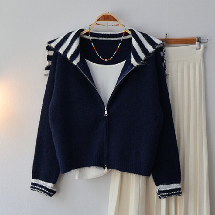 여성 아우터 지퍼 가디건 빅 단가라 카라 니트 집업