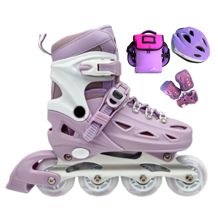 인라인세트 사이즈 조절형 아동용 발광바퀴 인라인 스케이트헬멧보호대가방, 프라임 퍼플, 1개