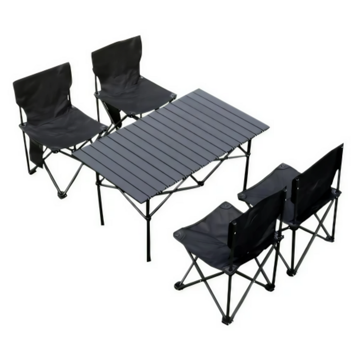 골드앤우드 캠핑 야외 경량 알루미늄 접이식 롤 테이블 의자 세트 2인 4인용, 블랙