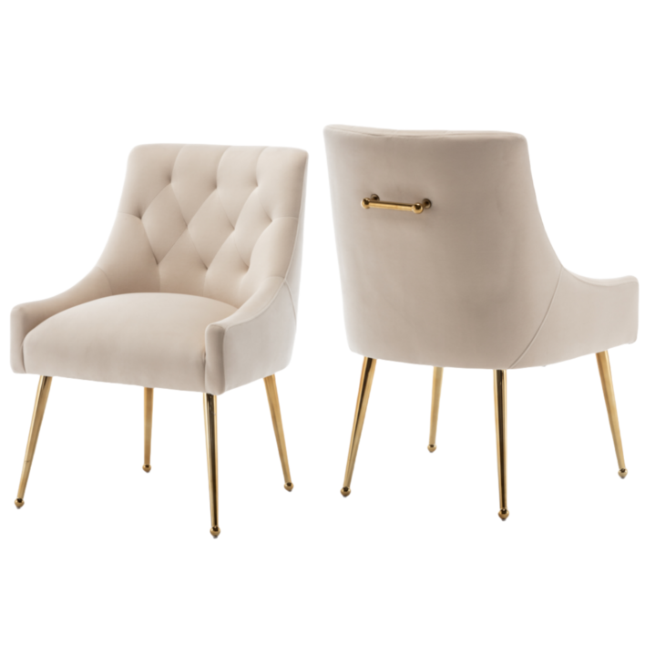 현대적인 벨벳 식탁 의자 골드 다리 디자인, 우아한 버튼 장식 포인트 체어, 거실 대기실 서재용, 베이지, 2개