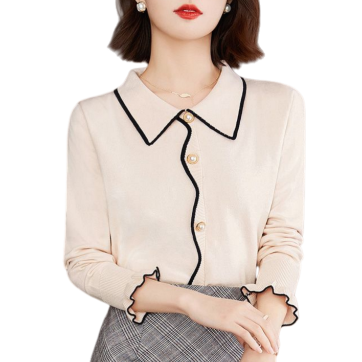 Makone 여성 카라넥 얇은니트 러플 소매 싱글 브레스트 코디 이너 블라우스