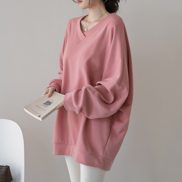 데일리앤 로헨 여성 브이넥 빅사이즈 오버핏 맨투맨 무지 박스 롱 티셔츠