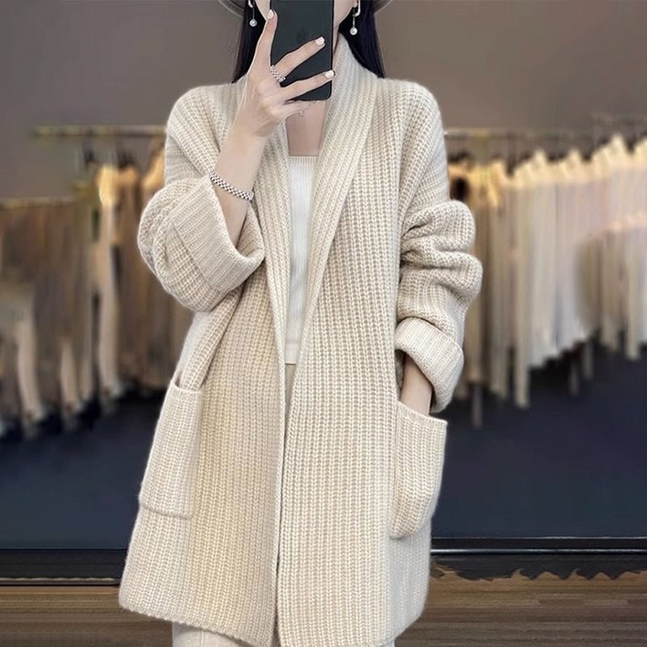 ORZQU 봄 가을 여성 니트 카디건 캐주얼 굵은 실 하프 루즈핏 긴팔 카디건 코트