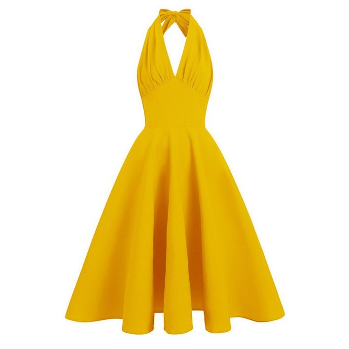 노란 라라랜드 원피스 단색 A라인 홀터넥원피스 옐로우 공연 레트로의상