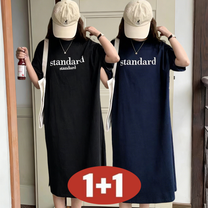 여성 여름 11 날씬해보이는 심플 레터링 프린트 라운드넥 일자 롱 원피스 무릎 아래까지 홈웨어 옆트임 캐주얼 드레스