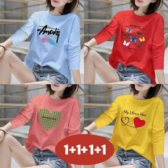 오스틱니 (완전 편한) 100kg까지 1+1+1+1 여성 프린트 라운드넥 긴팔 티셔츠 봄가을 추천 빅사이즈 캐릭터 프린팅 홈웨어 학생복 중년 큰옷 여성의류 여자 긴팔 티 4종 세트