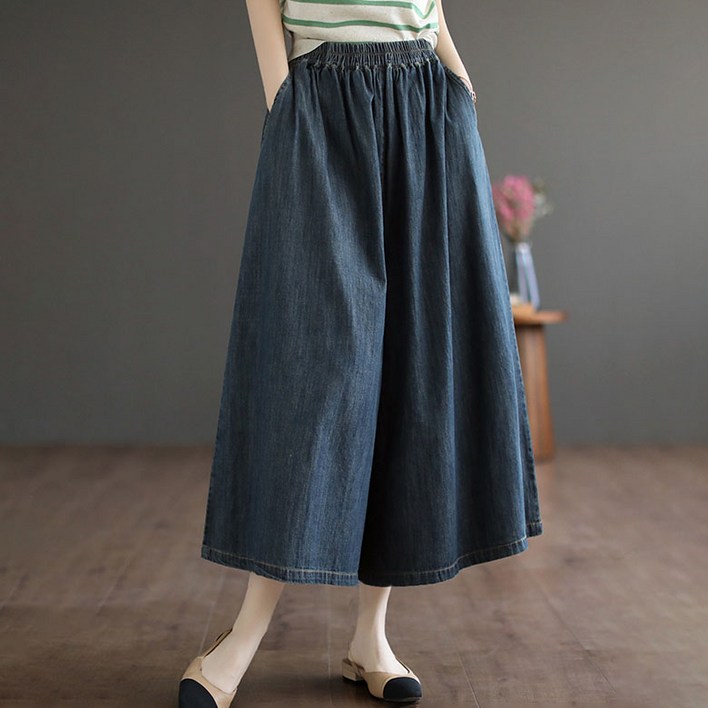 데님 청 바지 와이드 빅사이즈 봄 여름 가을 캐주얼 치마바지 여성 통바지 밴딩 팬츠  D99U